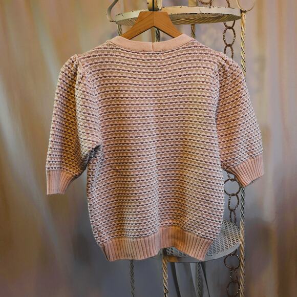 Everve Sweater Cardigan Cade Puff Short Sleeve Botton Down VNeck Pink Cream Sml - Picture 2 of 7